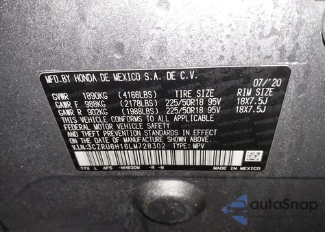 2020 Honda Hr-V Awd Sport z USA, uszkodzony, nr VIN 3CZRU6H16LM728302